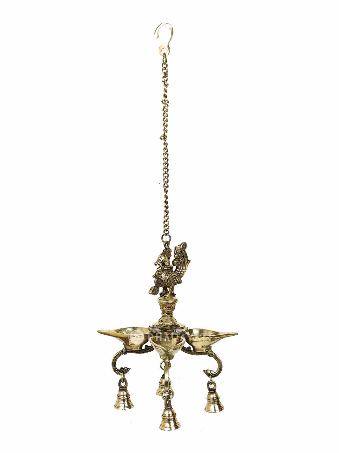 Brass Parrot Chain Hanging Diya With Bell