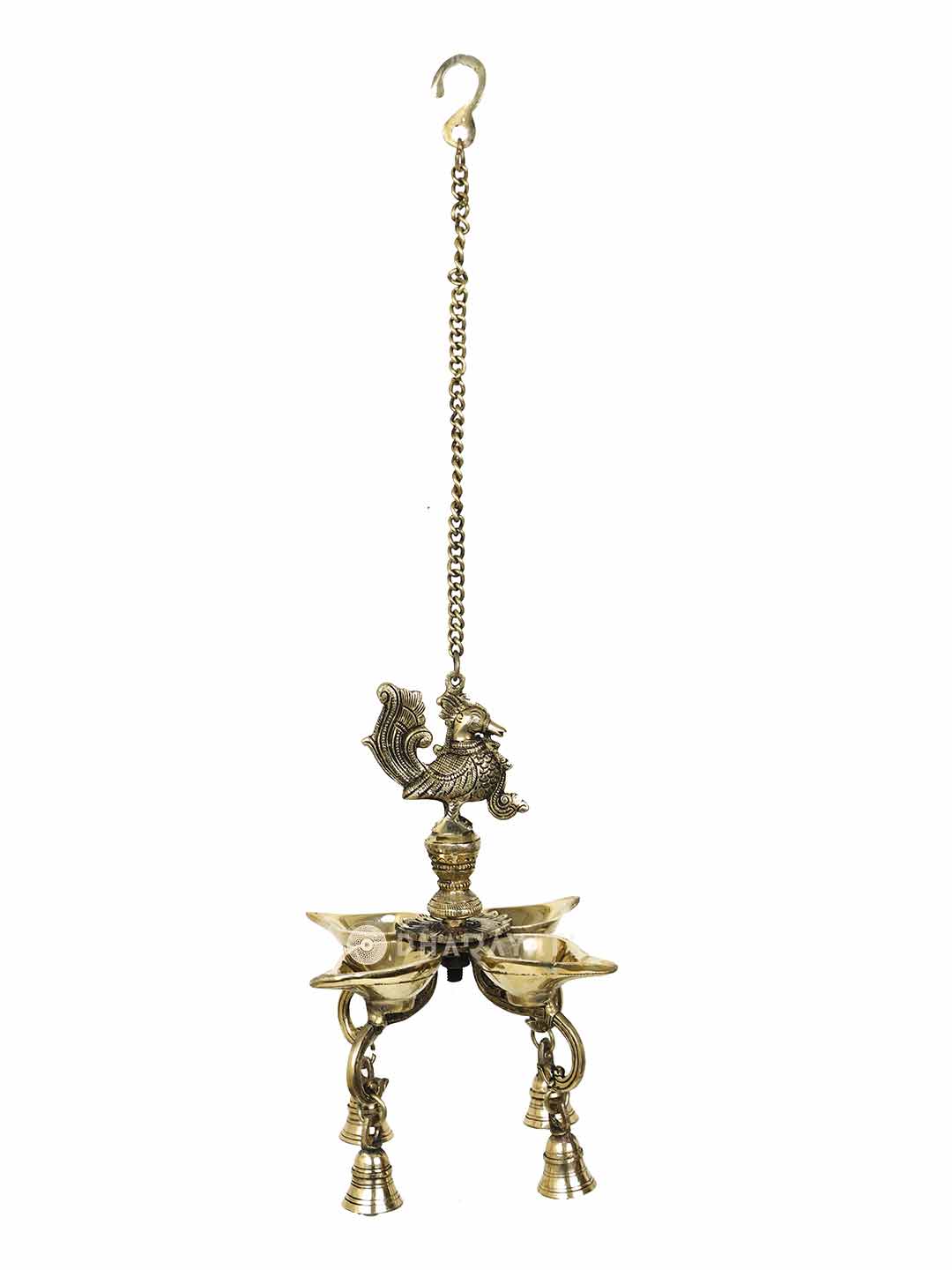 Brass Parrot Chain Hanging Diya With Bell