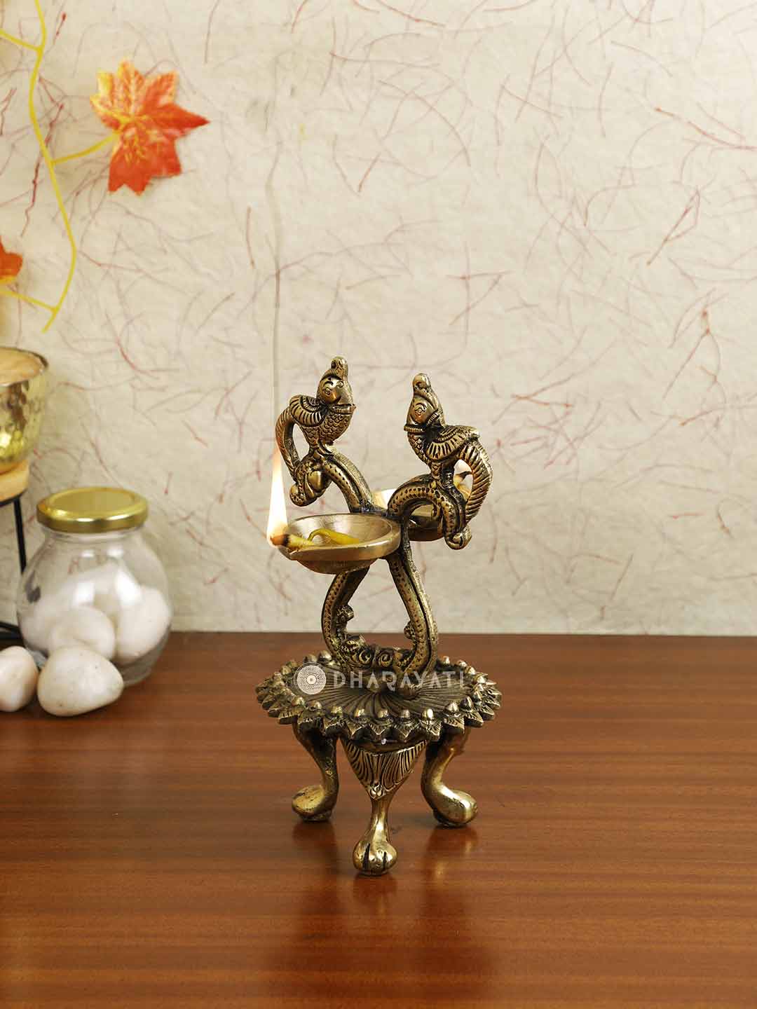 Brass Parrot Lamp With 2 Diya