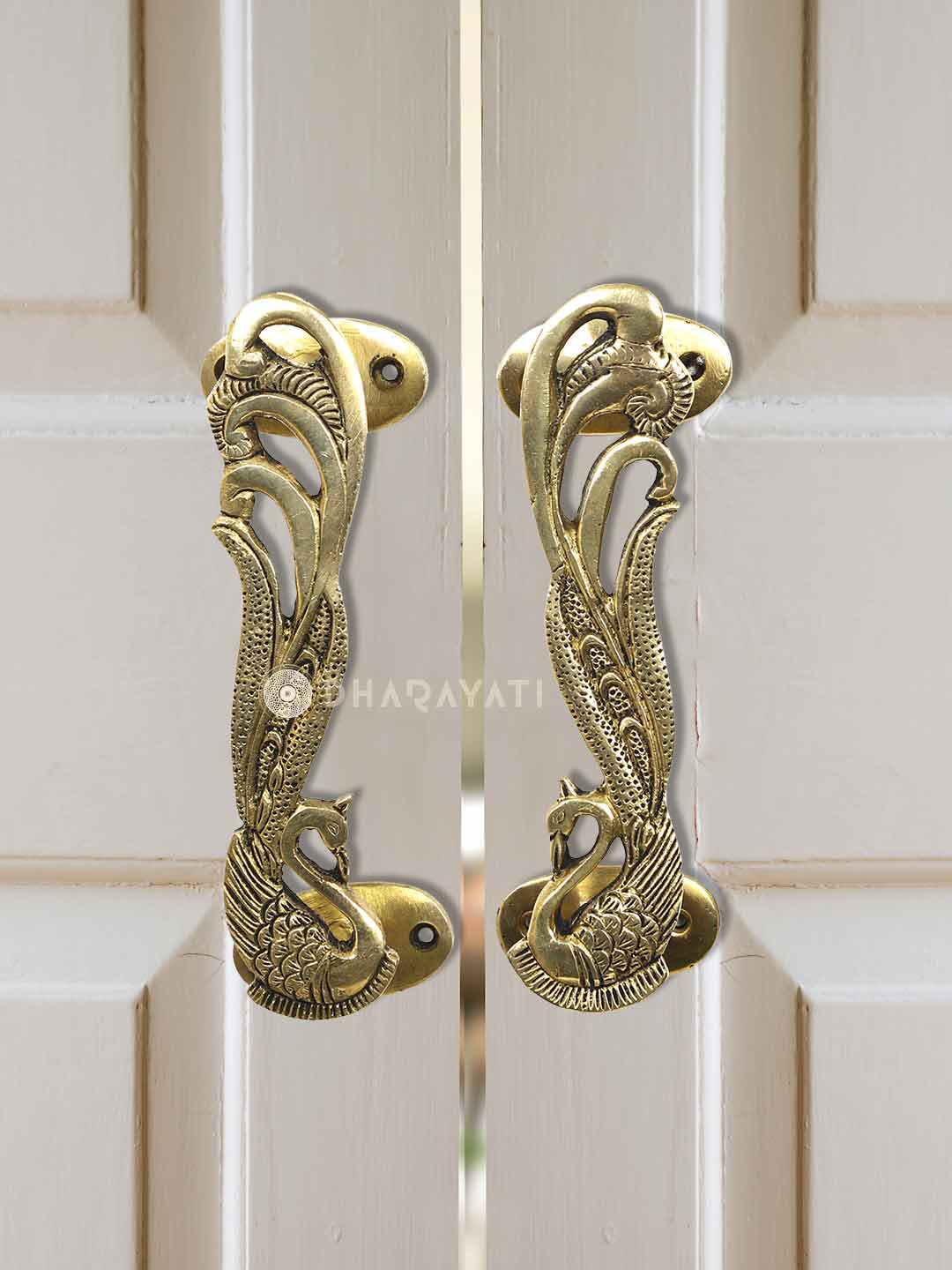 Peacock Design Door Handle Pair Decorative Brass