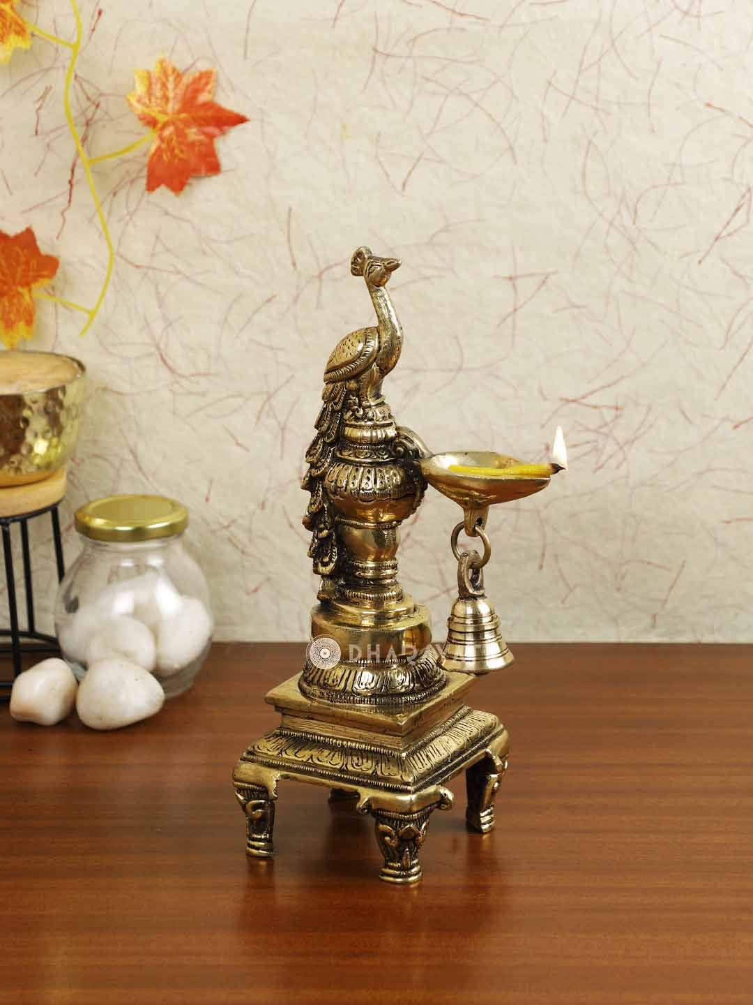 Peacock Diya Lamp With Bell Decorative Brass Figurine