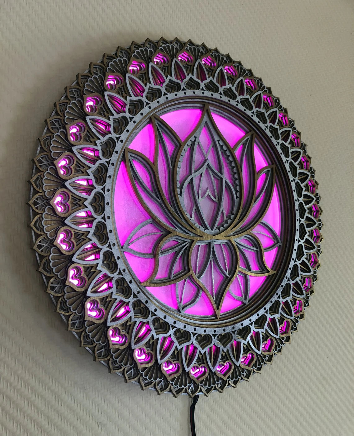 Lotus Flower Glowing LED Mandala  |  Wooden Wall Decor