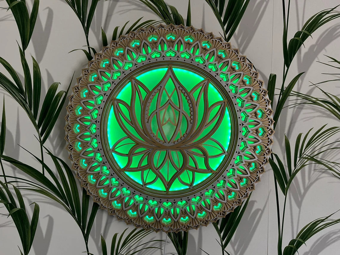 Lotus Flower Glowing LED Mandala  |  Wooden Wall Decor