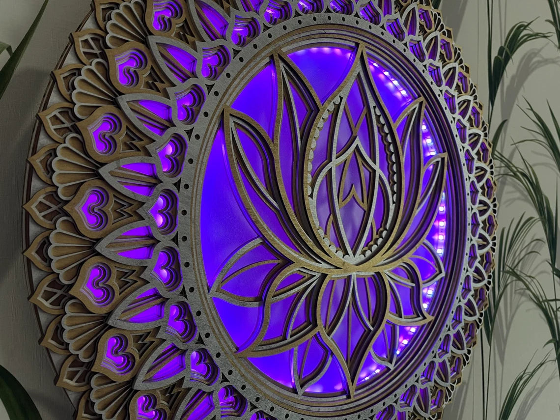 Lotus Flower Glowing LED Mandala  |  Wooden Wall Decor