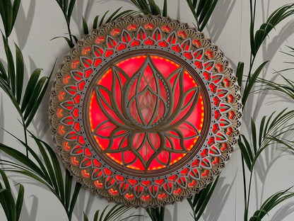 Lotus Flower Glowing LED Mandala  |  Wooden Wall Decor