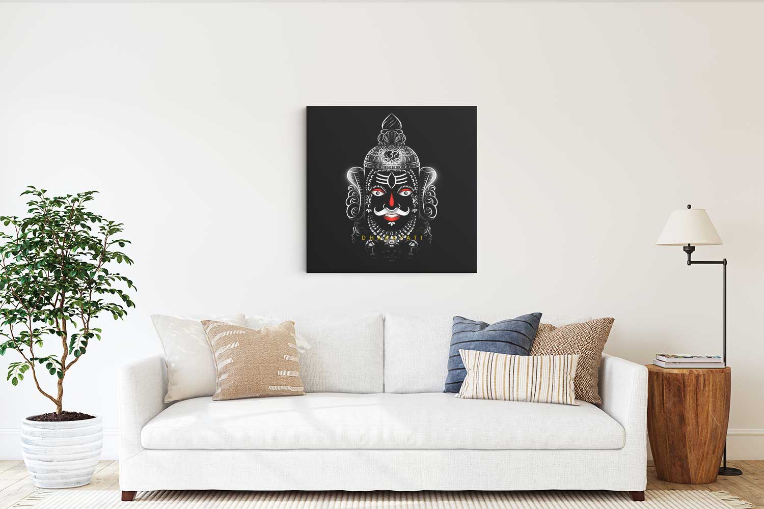 Divine Serenity: Smiling Mahakal in Red and White - Canvas Art