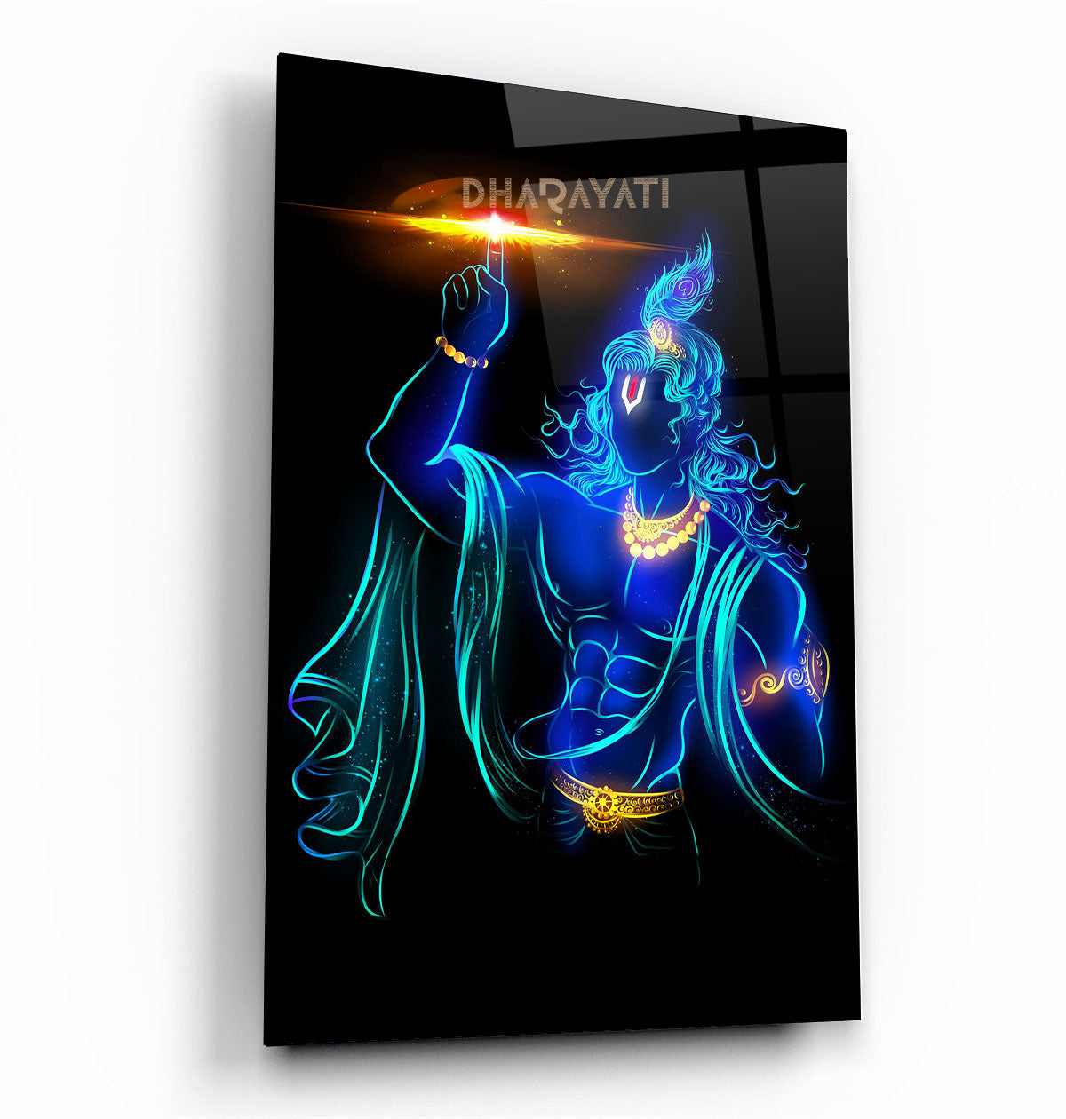 Lord Krishna in Blue with Sudarshana Chakra Glass Wall Art - Divine Grace Embodied